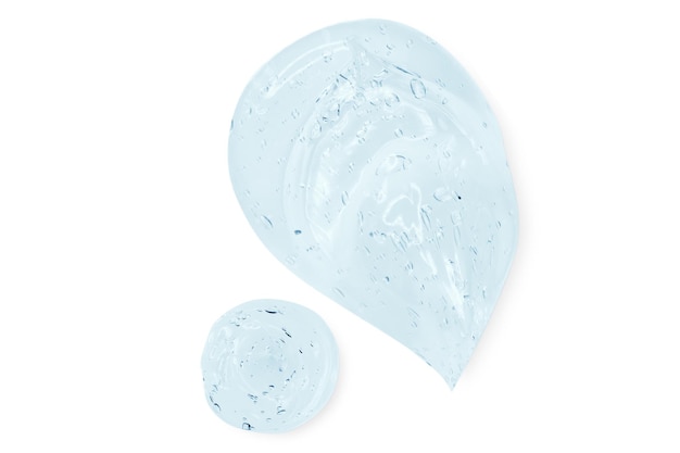 Composição de esfregaços e gotas ou gotas de um soro de gel azul transparente em um fundo transparente vazio