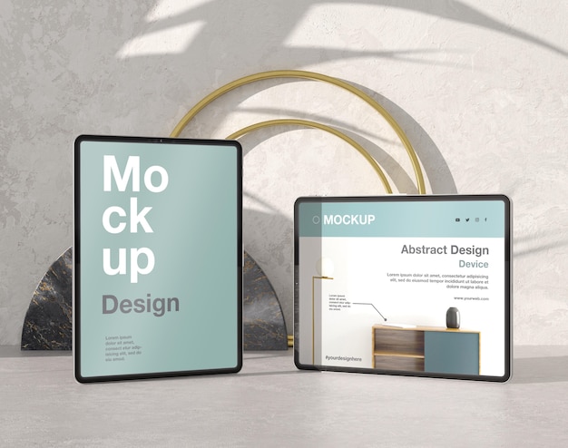 Composição de mock-up para tablet com pedra e elementos metálicos