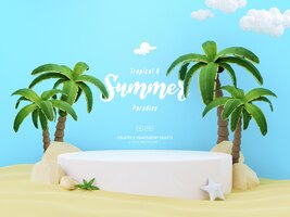 PSD composição de modelo de plano de fundo de verão com palco de pódio bonito palmeiras e objetos de praia