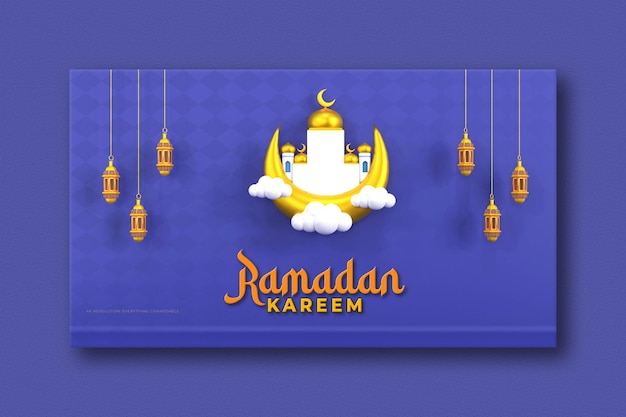 Composição islâmica de saudações do ramadã com lua crescente 3d e lanternas árabes banner