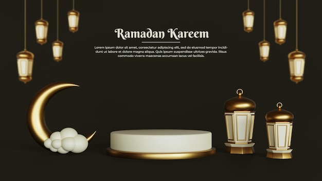 Composição islâmica de saudações do ramadã com lua crescente 3d e lanternas árabes