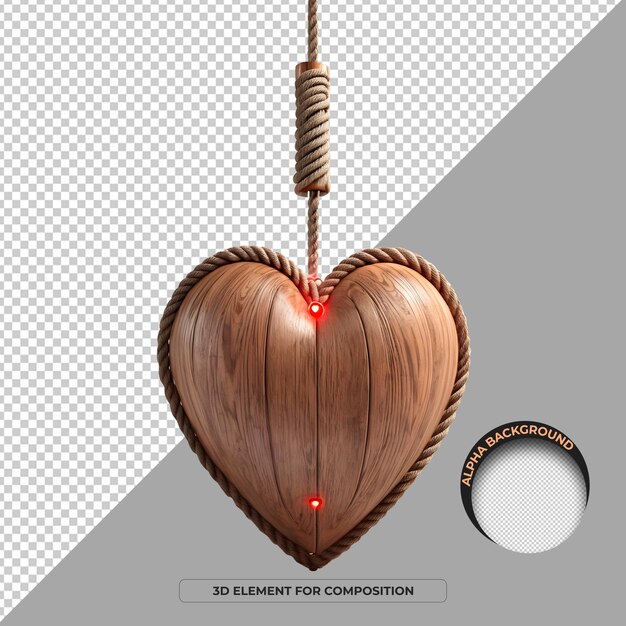 PSD composición 3d corazón de madera con cuerda y luces