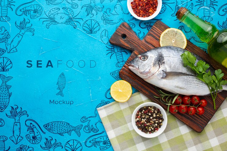 PSD composición de alimentos marinos en posición plana con maqueta