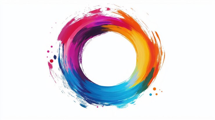 Composición de arte abstracto vibrante con un gran círculo de colores mezcla de rojo azul amarillo más pequeño