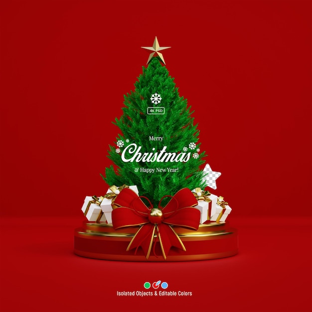 Composición de feliz navidad y año nuevo con pino y nudo de lazo rojo renderizado 3d aislado