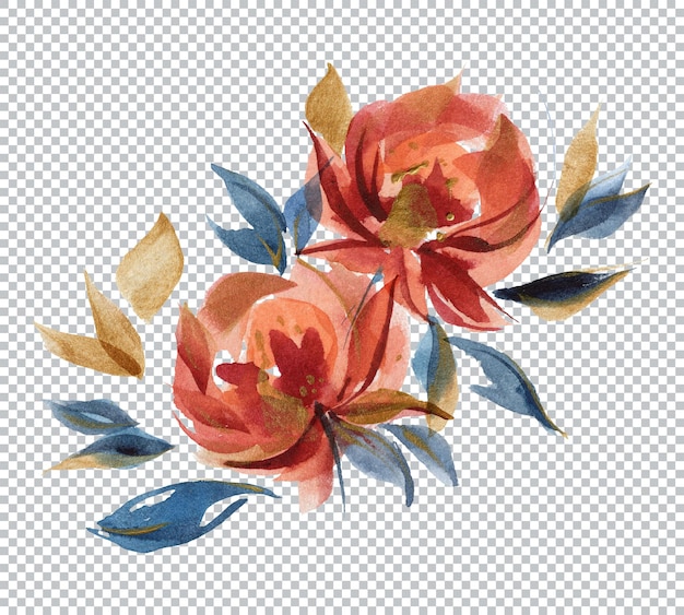 Composición floral de rosas azules y naranjas en tendencia popular. Ramo de acuarela de flores de rosa en estilo rústico.