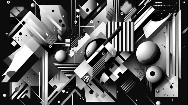 Composición geométrica abstracta en escala de gris con formas y esferas superpuestas