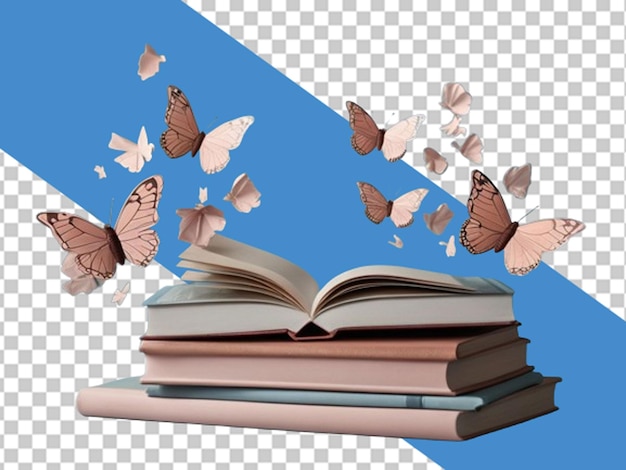 PSD composición de libros con decoración de papel y mariposas