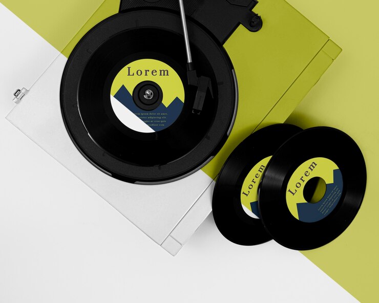 PSD composición de maqueta de discos de vinilo planos laicos