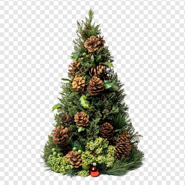 La composición navideña y las decoraciones se forman como el árbol de Navidad vista frontal aislado en un fondo transparente