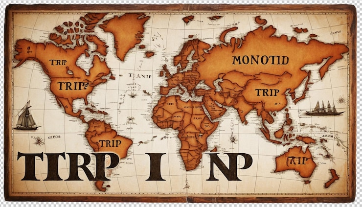 PSD composición con la palabra trip en caracteres de tipografía de madera sobre un mapa del mundo antiguo png
