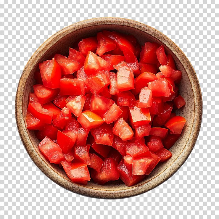 PSD composición plana de tomates cortados en cubos en un cuenco aislado sobre un fondo transparente