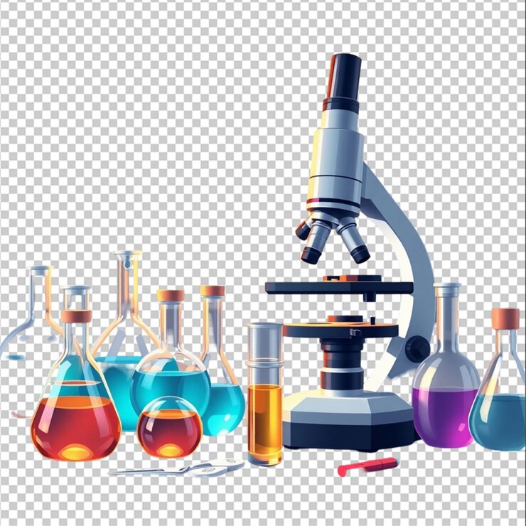 PSD composición realista de laboratorio científico compuesta por microscopio y frascos
