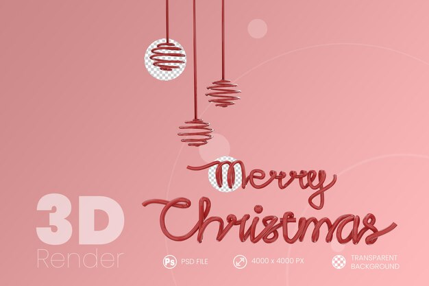 Composición de render 3d de etiqueta de letras de feliz navidad roja con bolas
