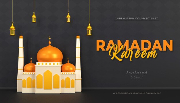Composición de saludos de Ramadán islámico con caja de regalo de linterna árabe 3d y escenario de podio redondo con