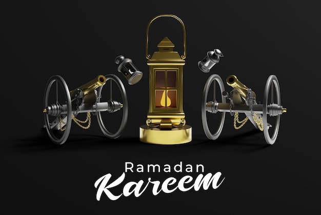 Composición de saludos de ramadán islámico con cañón de linterna tradicional 3d sobre fondo oscuro