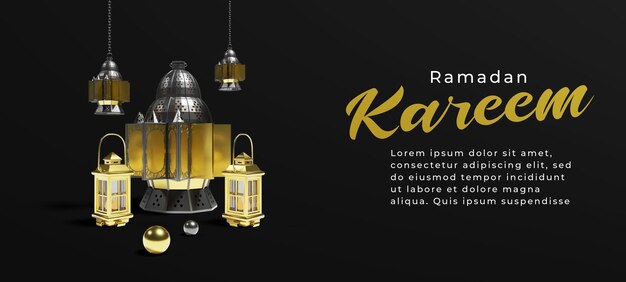 Composición de saludos de Ramadán islámico con cañón de linterna tradicional 3d sobre fondo oscuro