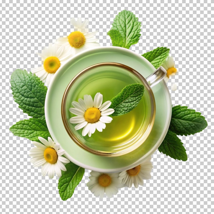 PSD composición de té con hoja de menta sobre un fondo transparente