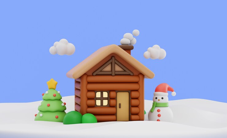 PSD composiciones navideñas con casita de madera.