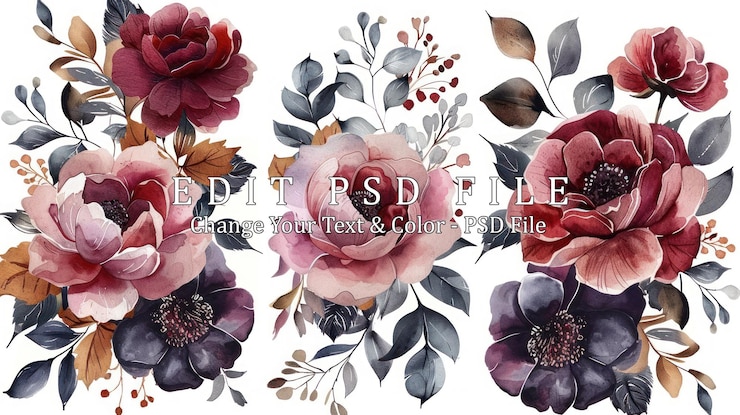 PSD composition florale à l'aquarelle un bouquet de fleurs de bourgogne et de pourpre