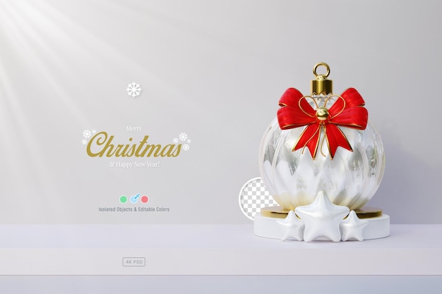 PSD composition de noël et du nouvel an avec boule de boule de verre 3d et noeud d'arc rouge isolé