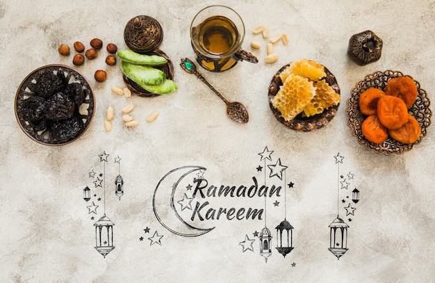Composition de ramadan à plat avec fond