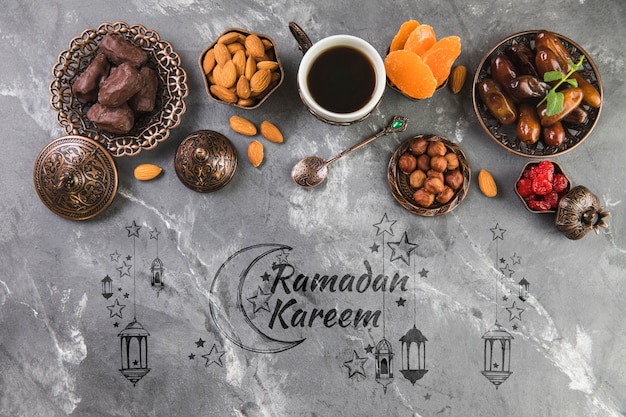 Composition de ramadan à plat avec fond