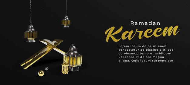 PSD composition de salutations du ramadan islamique avec canon à lanterne traditionnel 3d sur fond sombre