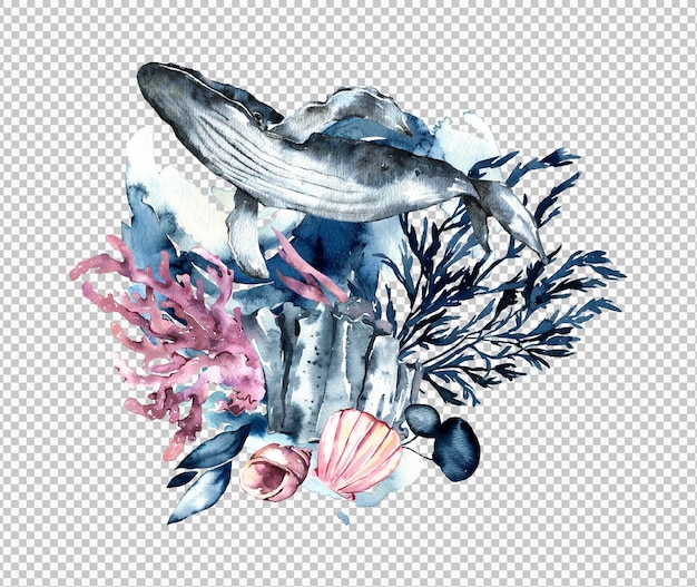 PSD composition sous-marine aquarelle avec baleine