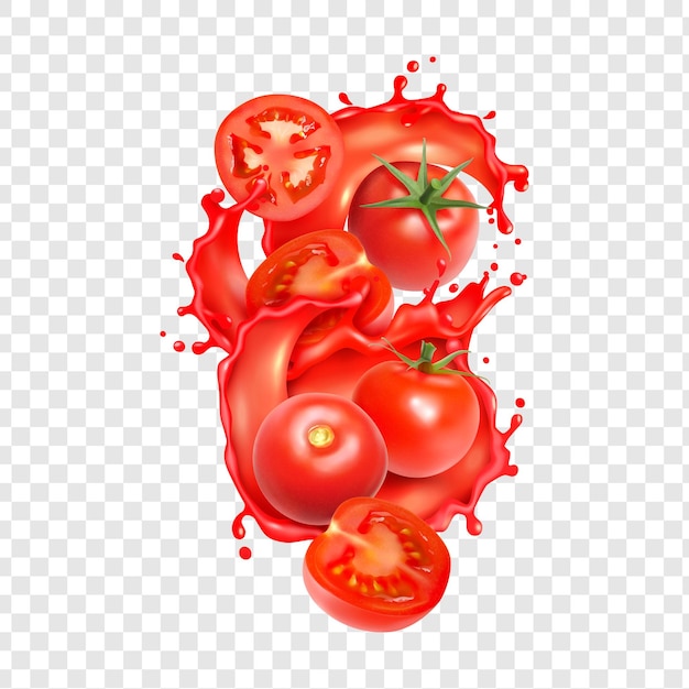 Composizione a spruzzo di succo di pomodoro con fette e frutti interi di tomato con spruzzi di succo liquido