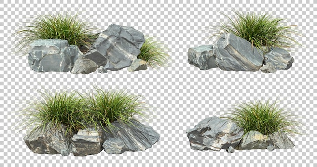 Composizione delle rocce grigie e ritaglio della crescita erbosa su sfondi trasparenti rendering 3D png