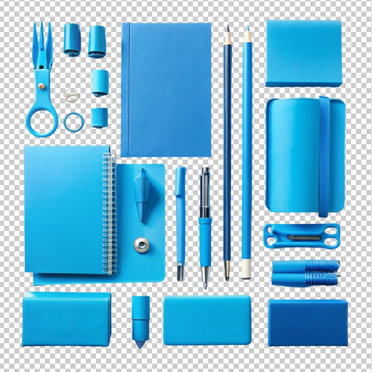 PSD composizione di articoli di cancelleria di colore blu vibrante