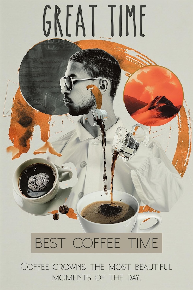 PSD composizione di collage di caffè tema di caffè illustrazione vintage arte multimediale mista collage di moda