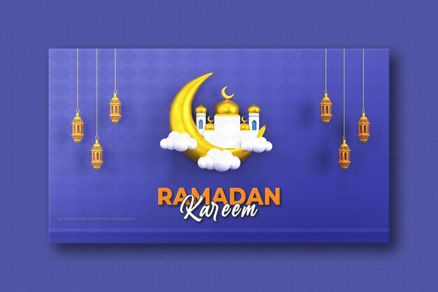Composizione di saluti ramadan islamici con falce di luna 3d e lanterne arabe Banner