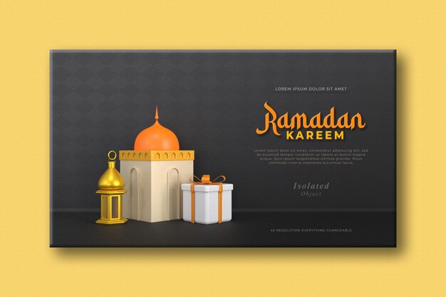Composizione di saluti ramadan islamici con falce di luna 3d e lanterne arabe Banner