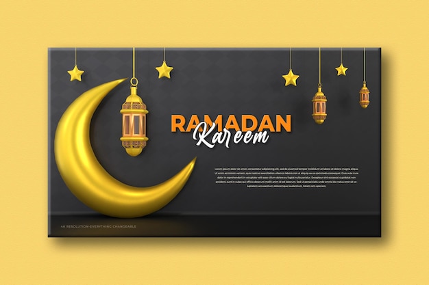 Composizione di saluti ramadan islamici con falce di luna 3d e lanterne arabe Banner
