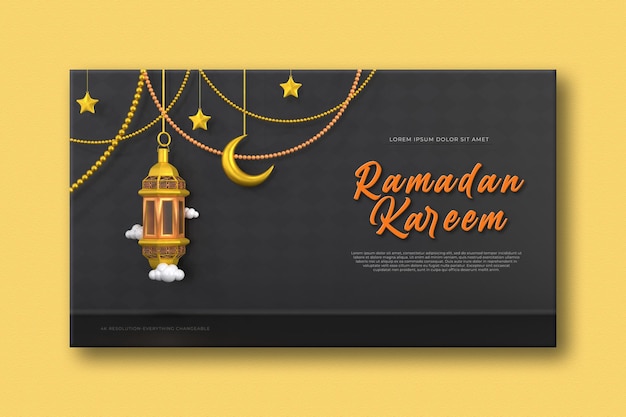 Composizione di saluti ramadan islamici con falce di luna 3d e lanterne arabe Banner