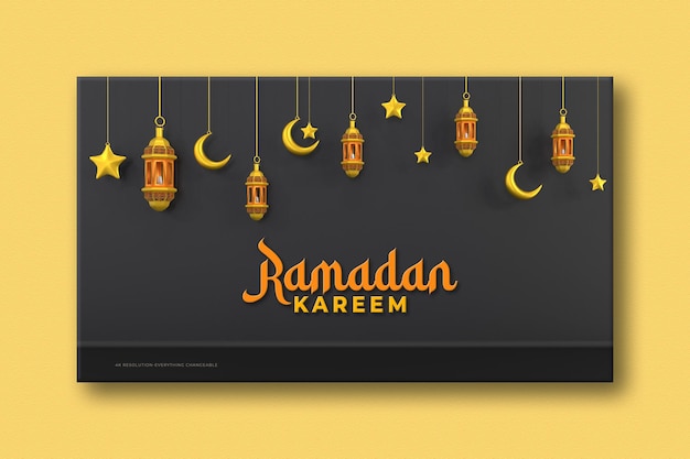 Composizione di saluti ramadan islamici con falce di luna 3d e lanterne arabe Banner