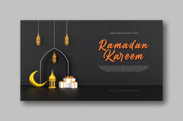 Composizione di saluti ramadan islamici con falce di luna 3d e lanterne arabe social media Banner
