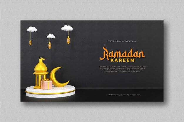 Composizione di saluti ramadan islamici con falce di luna 3d e lanterne arabe social media Banner