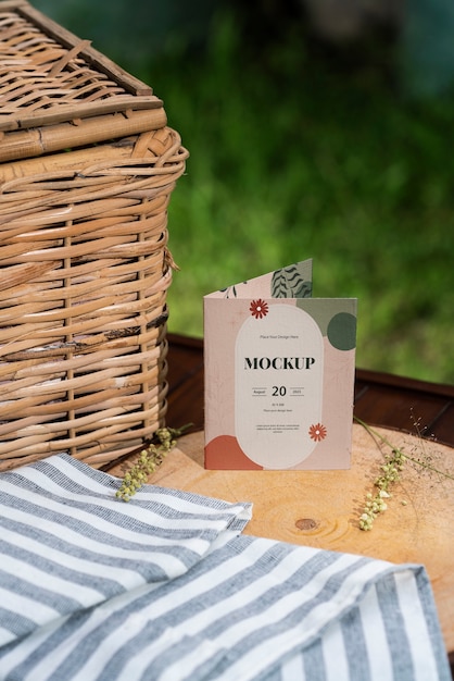 Composizione in legno per matrimoni con mockup di carte