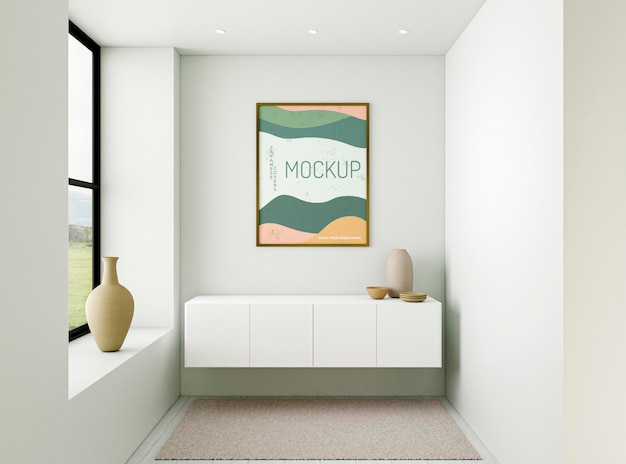 Composizione interna minimalista vista frontale con cornice mock-up