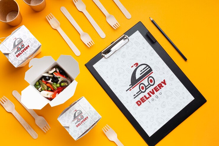 PSD composizione piatta per la consegna di alimenti gratuiti con appunti mock-up
