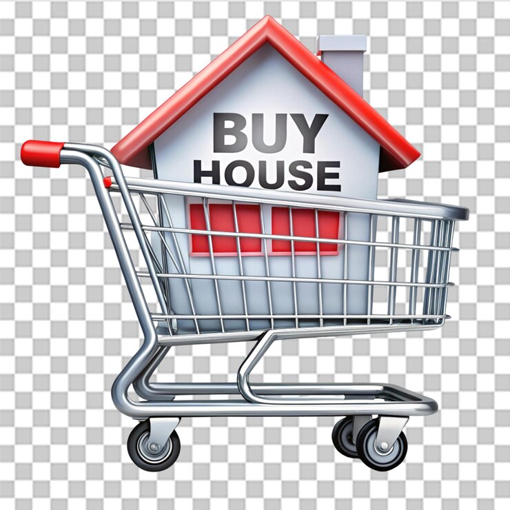 PSD compra una casa con el icono del carrito de compras aislado en un fondo transparente