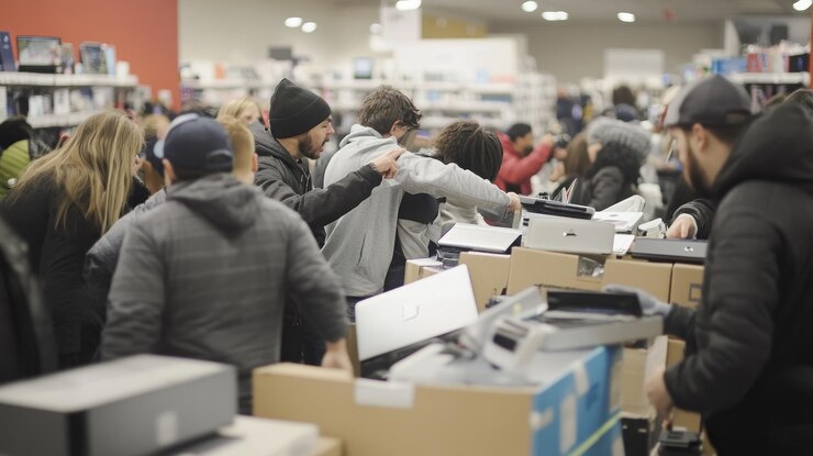 PSD los compradores se agrupan alrededor de los productos electrónicos con descuento durante una venta del viernes negro