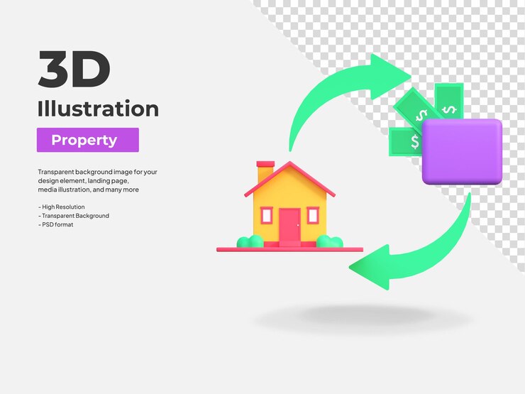 PSD comprar casa con icono de dinero real estate 3d ilustración