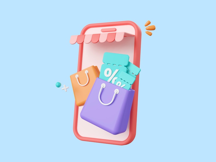 PSD comprar teléfono inteligente con código de descuento y bolsa de compras concepto de promoción de marketing publicitario