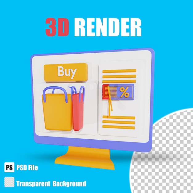 PSD compras en 3d icono de comercio electrónico con descuento competidor comprar tienda con fondo transparente