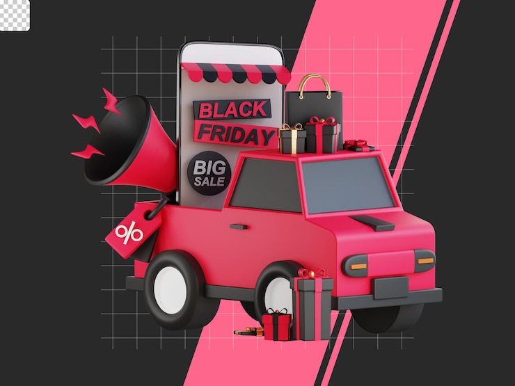 PSD compras de ilustración de viernes negro 3d con teléfono móvil de camión y megáfono