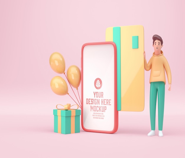 Compras en línea en 3d con mockup móvil